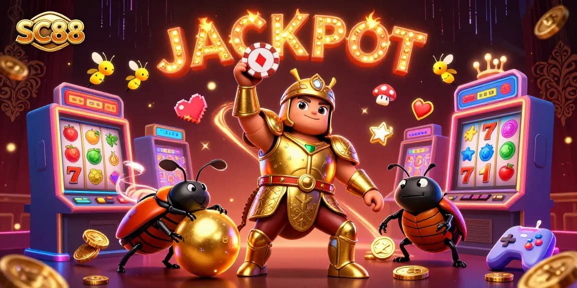 Join the SC88 adventure as our gladiator beetle lifts the poker chip in a fortune-filled slot scene.