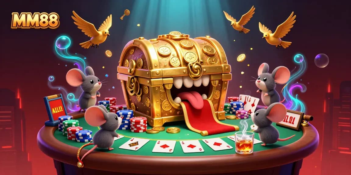 MM88 treasure chest lures with riches amidst colorful poker elements in an engaging casino scene.