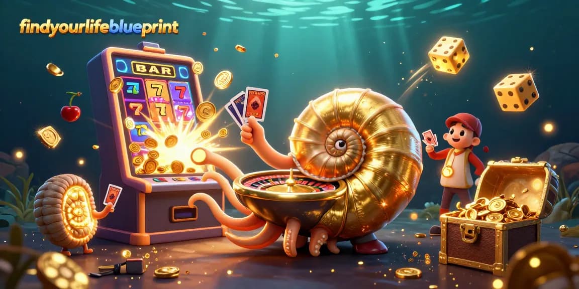 Engage in exciting casino gameplay with findyourlifeblueprint featuring a giant nautilus roulette and vibrant slot machine bursts.
