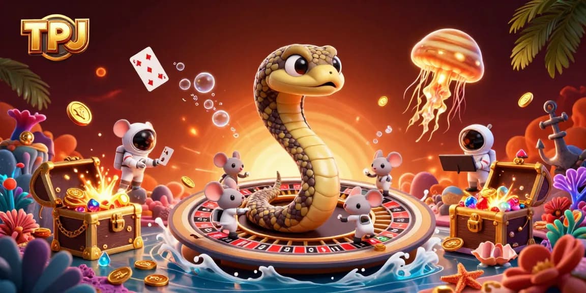 TPJ hosts astronaut mice betting on a cosmic roulette, capturing casino excitement with vibrant elements.