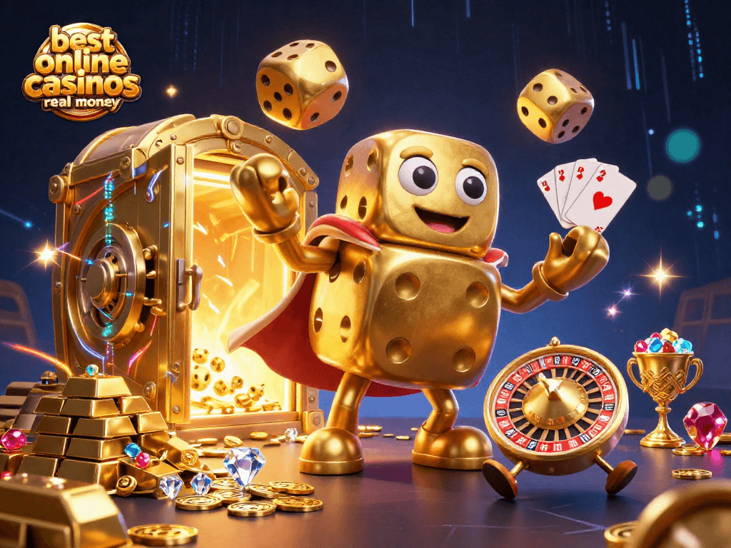 Engage with the best online casinos real money through this vibrant 3D casino illustration.