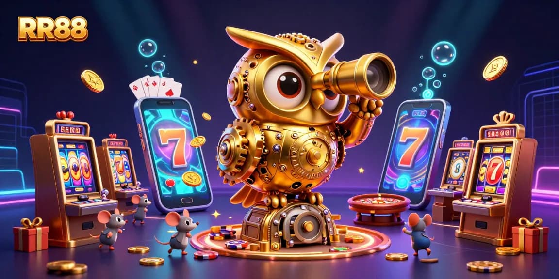 Engage in thrilling gameplay at RR88 with golden owl overseeing the casino action and dynamic slot games.