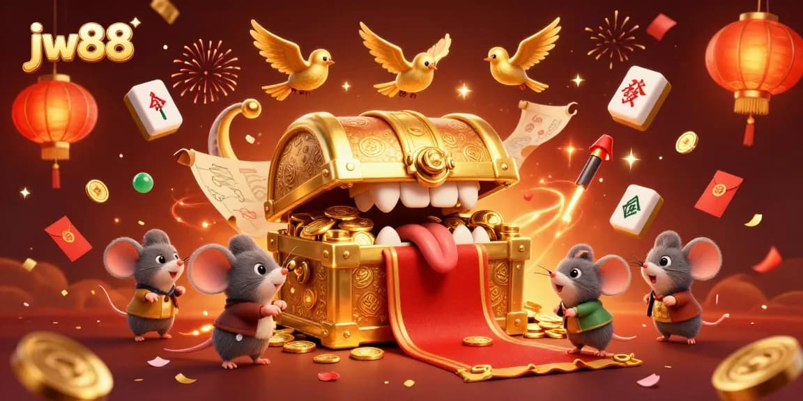 Play exciting games and win on jw88 with a vibrant casino illustration filled with treasures and rewards.