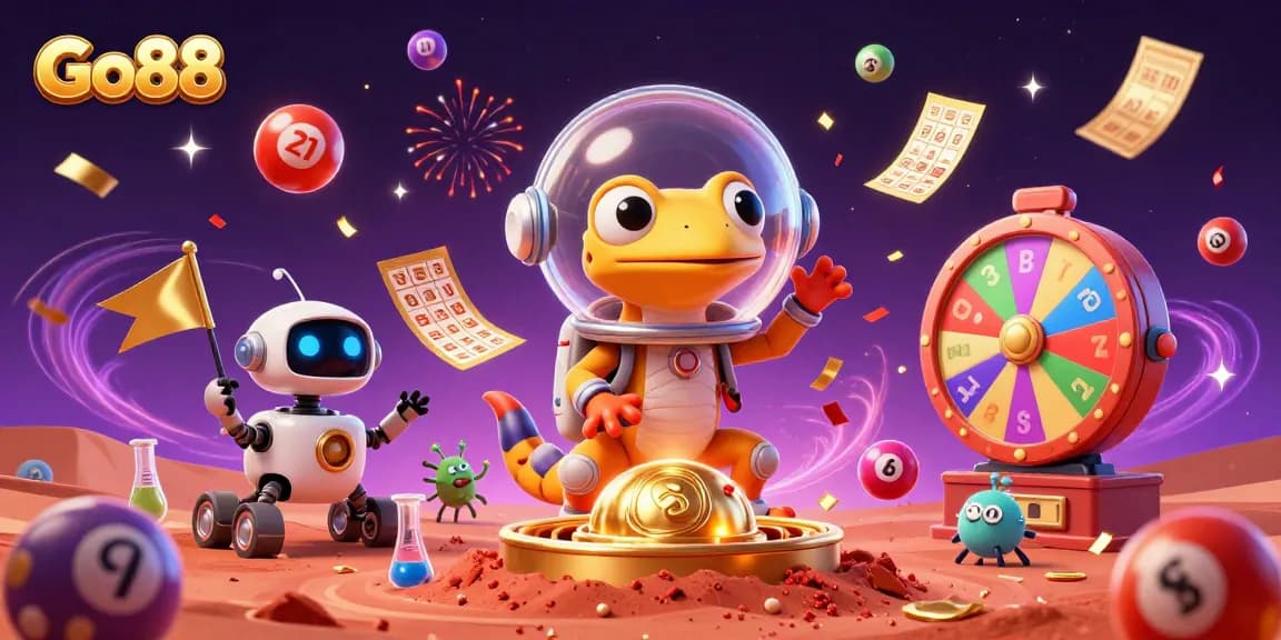 Experience thrilling gaming adventures with Go88 in a vibrant 3D cosmic casino illustration.
