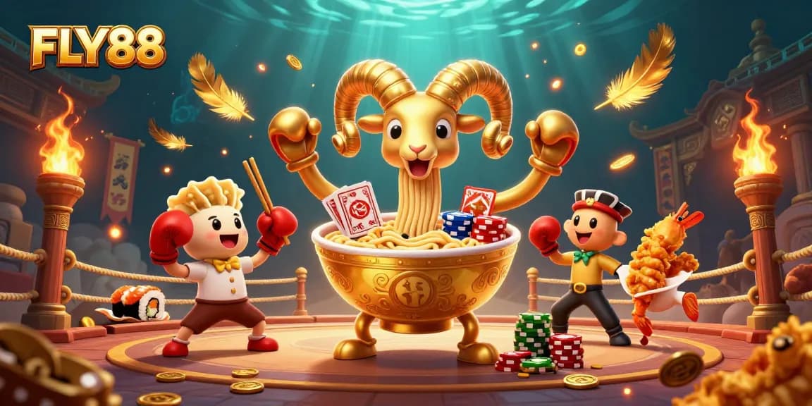 FLY88 features a vibrant cartoon scene with a golden ramen bowl dealer and casino elements.