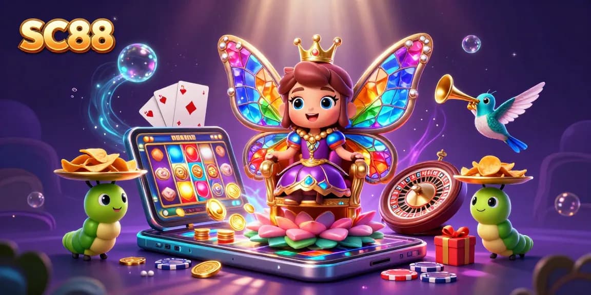 Experience SC88 with a vibrant butterfly queen and casino elements in a magical scene.