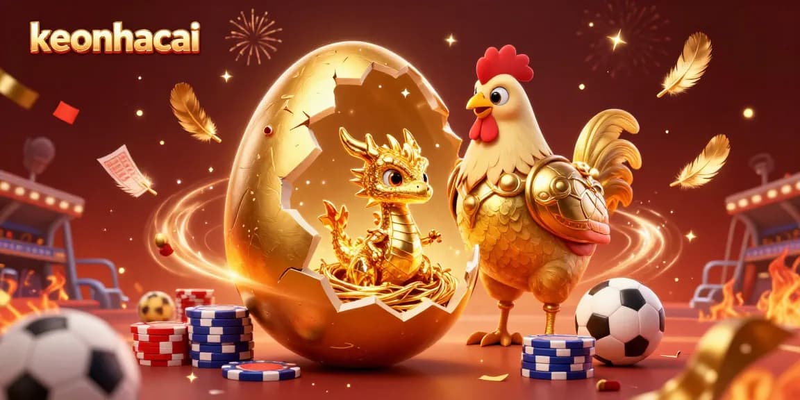 Engage with keonhacai by watching the golden baby dragon emerge from a nest of poker chips amidst thrilling sports betting elements.