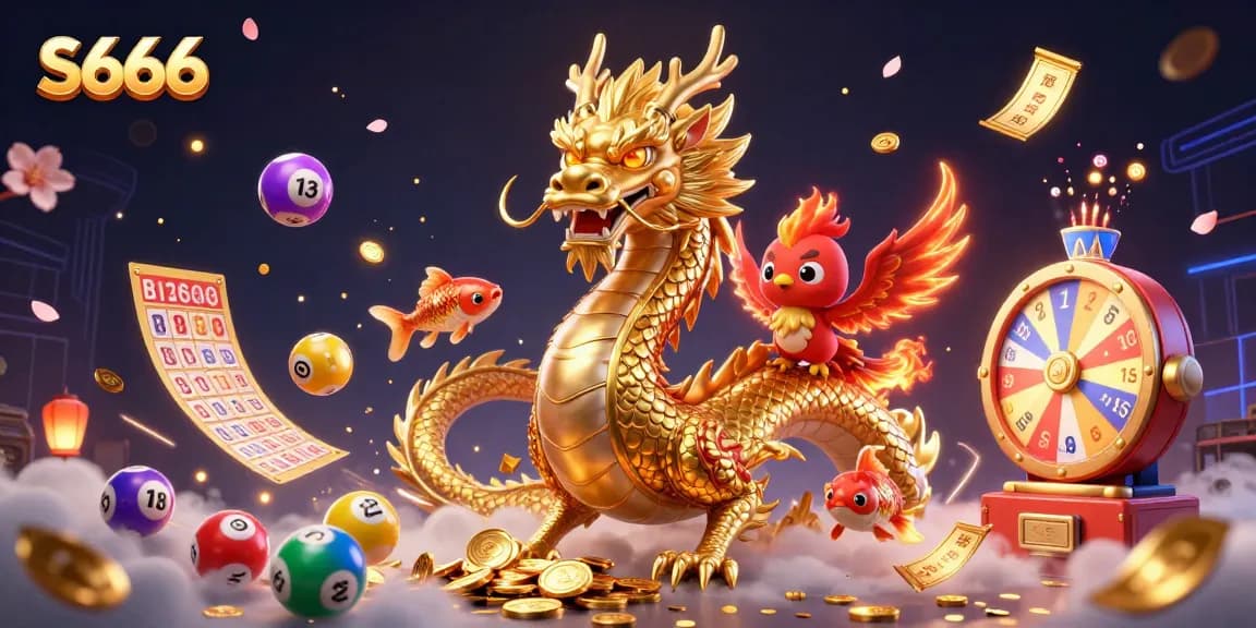S666 brings luck to players with a golden dragon, phoenix, and koi amidst engaging gaming elements.