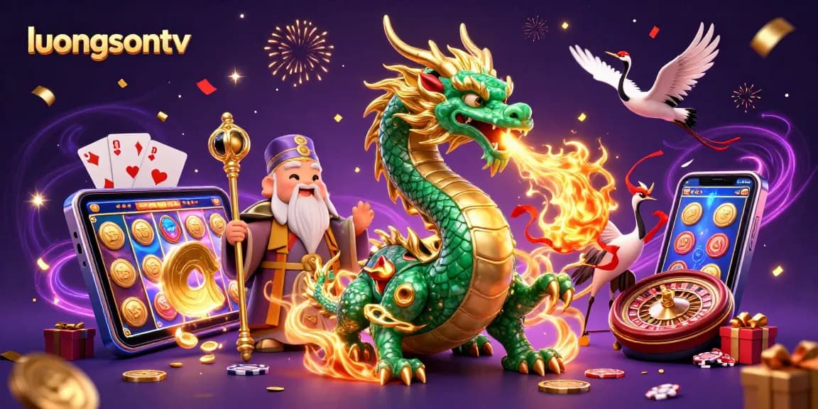 Engage in thrilling sports betting at luongsontv with an energetic 3D dragon, turtle sage, and lucky cranes illustration