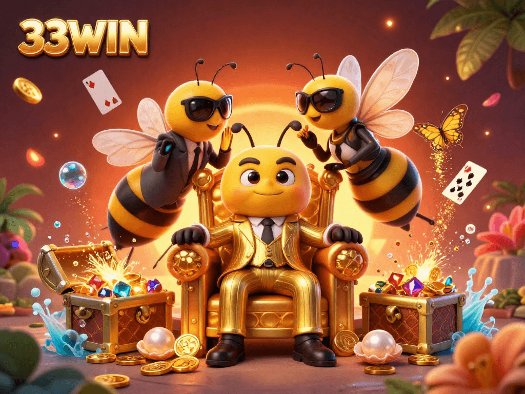 Engage with 33WIN by exploring vibrant gaming treasures in a dynamic 3D digital scene.