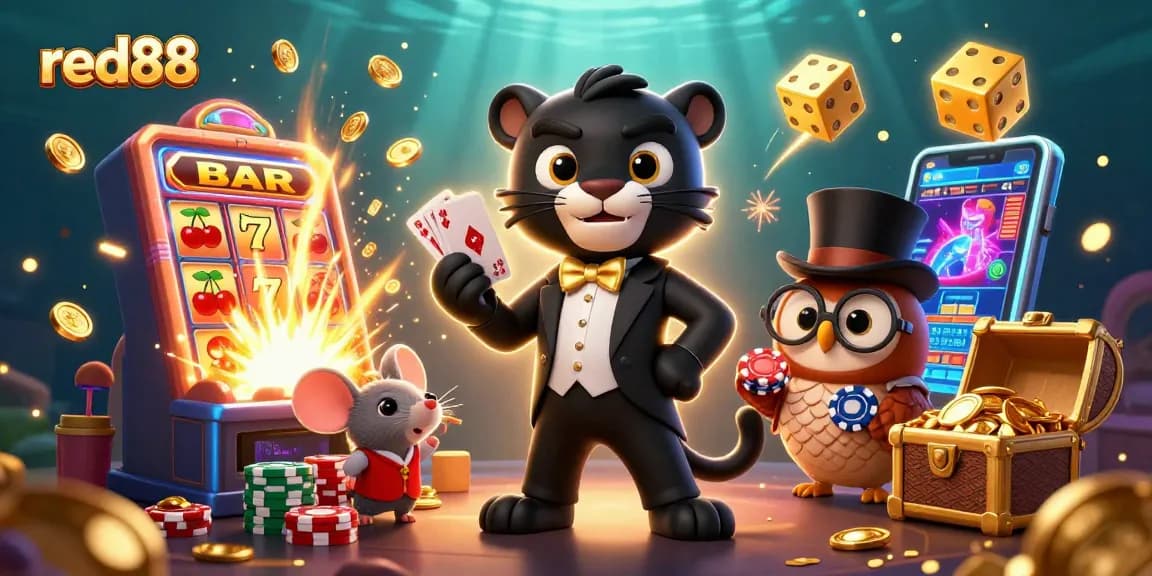 Red88's vibrant casino scene with a stylish panther, owl, and lucky mouse amidst jackpot symbols.