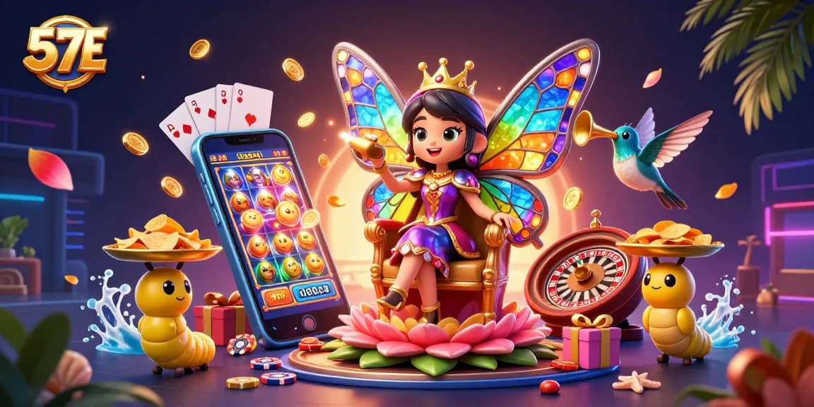 Engage in thrilling gaming with 57E, featuring a vibrant scene of a butterfly queen and casino elements.