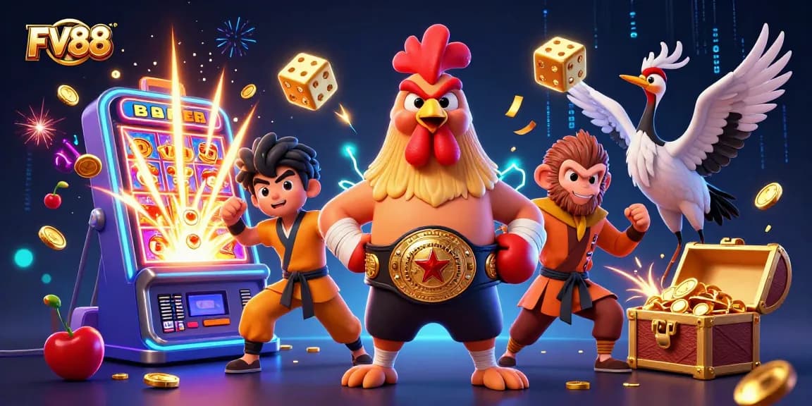 Win big at FV88 with an energetic scene showcasing exciting casino characters and vivid games.