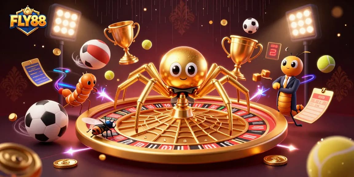 FLY88 features an exciting 3D casino scene with a spider, fly, and centipede engaged in vibrant betting action.
