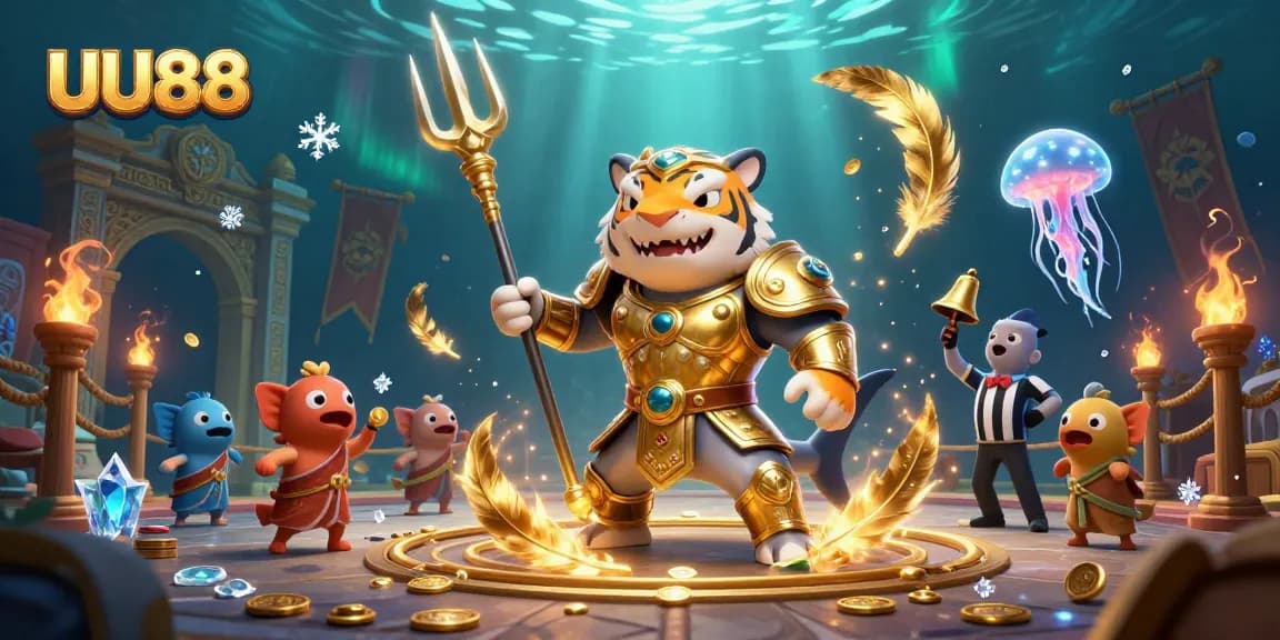 Experience thrilling gaming moments at UU88 with a dynamic underwater scene featuring a golden gladiator shark and casino elements.
