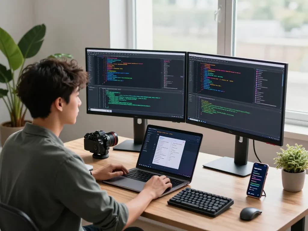 Open Claw coding workspace with developer at desk surrounded by monitors and tech gear.