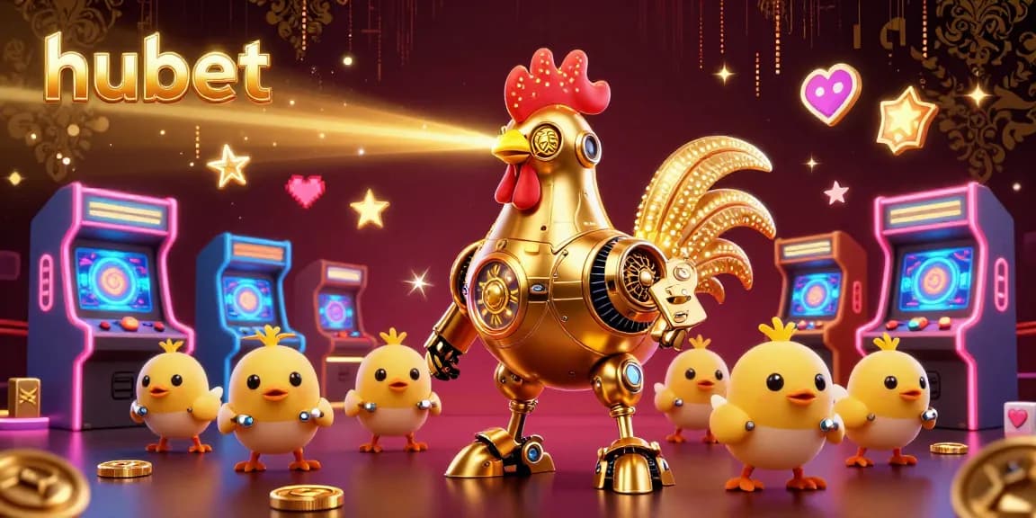 Engage with hubet's thrilling 3D scene showcasing golden rooster robots and vibrant gaming elements.