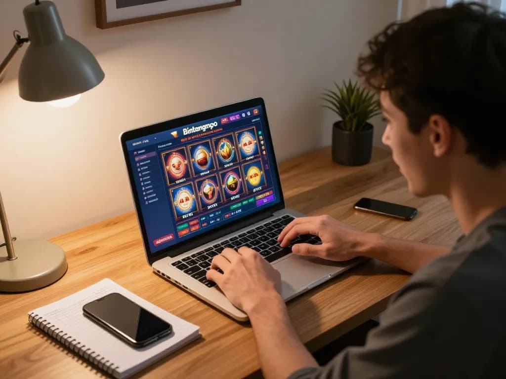 Pemain Bintangmpo terlibat dalam permainan slot online sambil mengelola bankroll di kantor rumah yang nyaman.