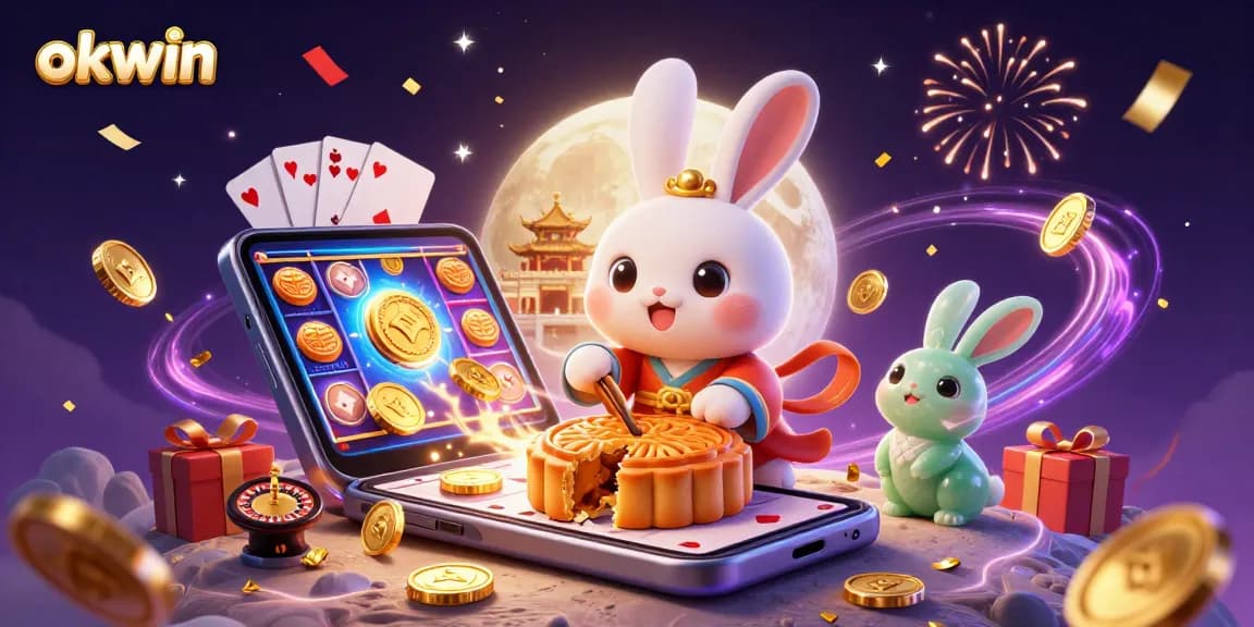 Experience thrilling games at okwin with a vibrant 3D illustration of a moon rabbit celebrating wins surrounded by casino games.