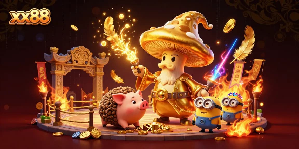 xx88 players engage with golden treasures in an exciting casino illustration full of vibrant magic and adventure.