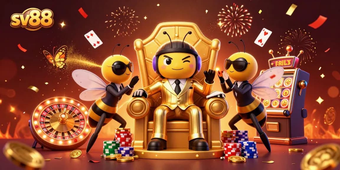 Experience thrilling gameplay at sv88 with this vibrant illustration of a cartoon bumblebee mob boss surrounded by casino elements.