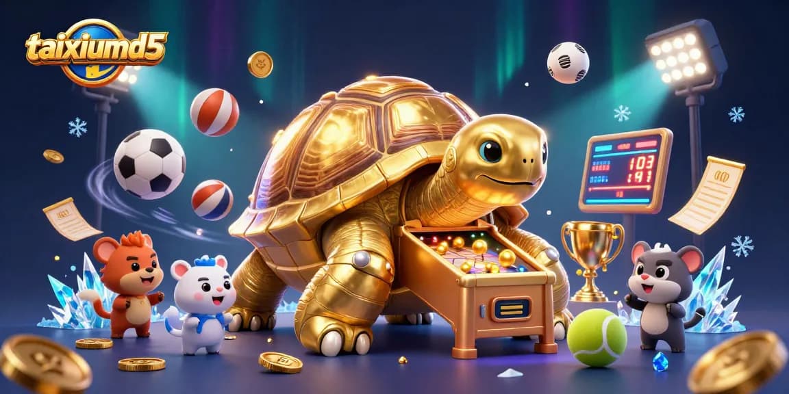 Experience the excitement of taixiumd5 with animated characters and dynamic sports elements in a vibrant casino scene.