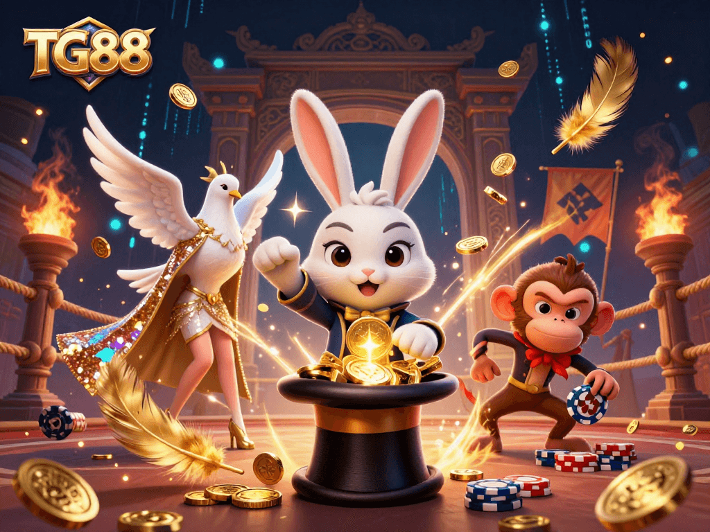 Engage in thrilling online gambling with TG88's energetic 3D illustration featuring a magical rabbit and friends.