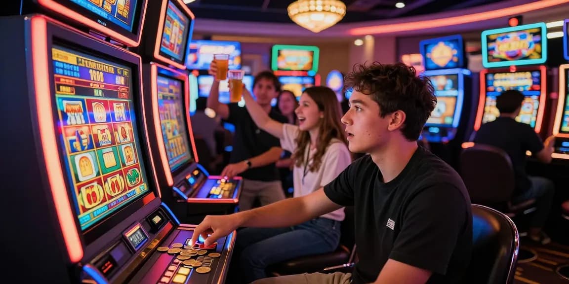 Engaging moment of a player at a slot gacor machine, celebrating a win with friends amidst a vibrant casino atmosphere.