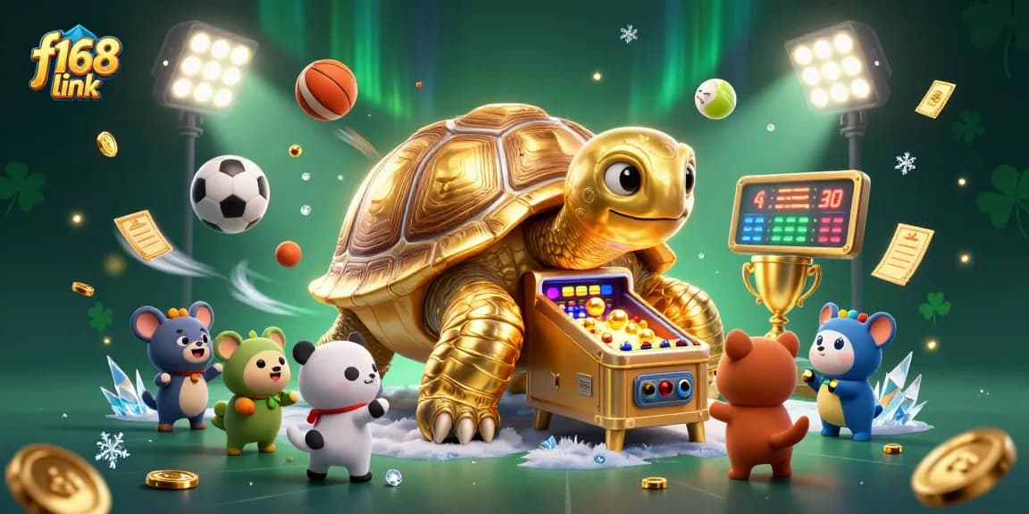 Win big with exciting spins at F168 link, featuring a golden tortoise pinball machine and vibrant sports elements