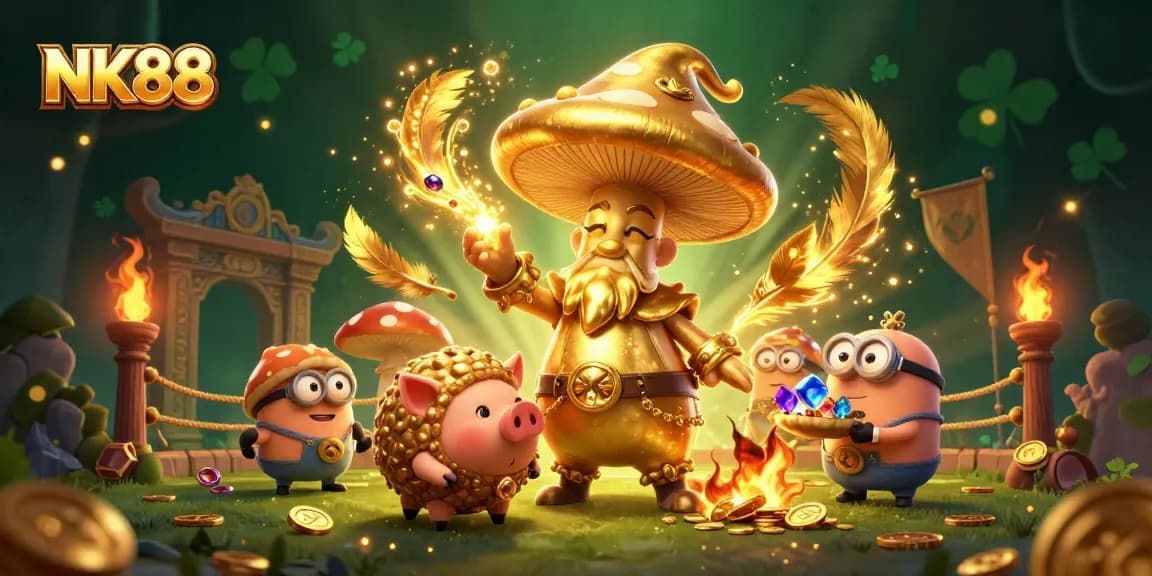Experience the thrill of winning at NK88 with magical elements and treasures in a vibrant casino scene.