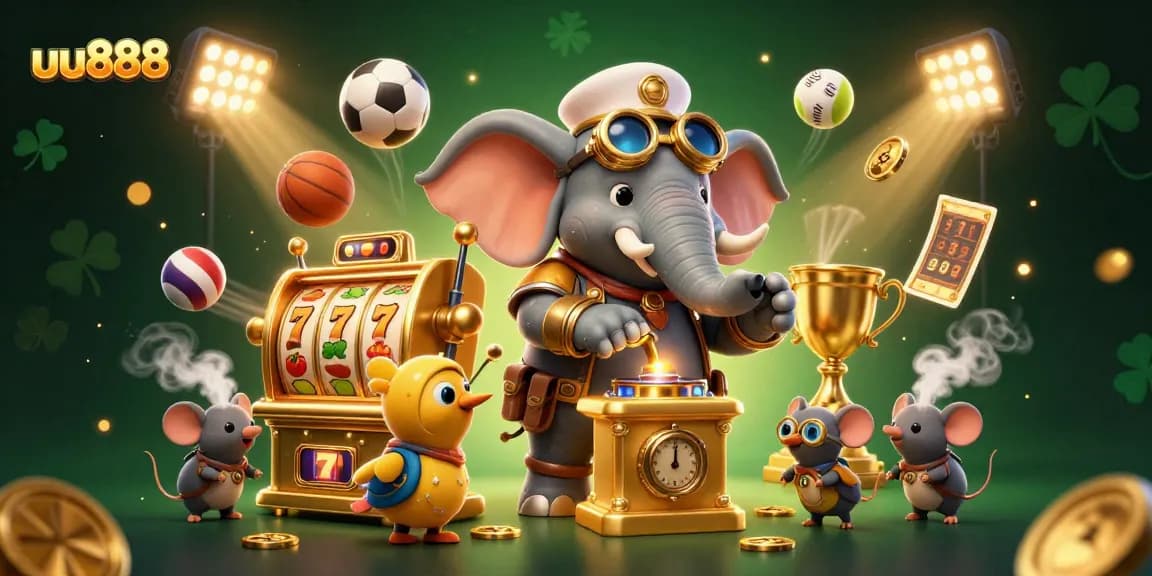 Play popular slot games at uu888 featuring a steampunk elephant engineer and dynamic casino elements.