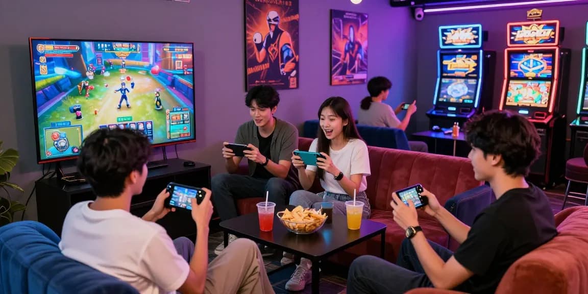 Friends enjoying games on their devices while exploring rikvip's vibrant gaming lounge atmosphere.