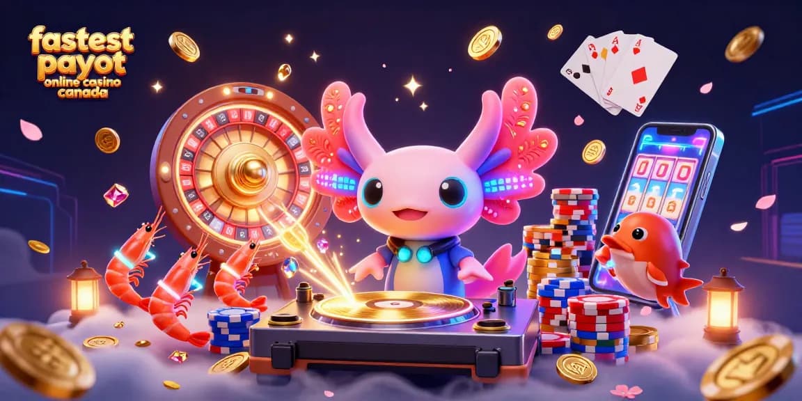 Experience the fastest payout online casino Canada with neon-colored axolotl DJ and energetic casino elements.