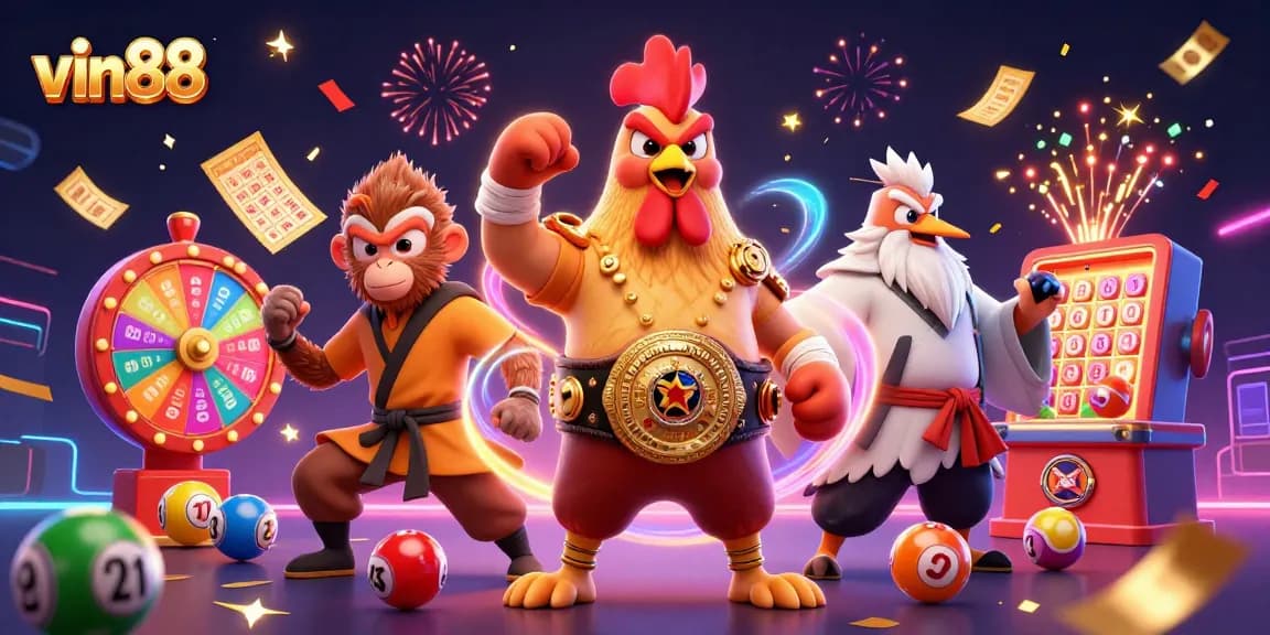 Experience vibrant entertainment with vin88 - a colorful scene featuring a rooster, monkey, and crane in dynamic casino action.
