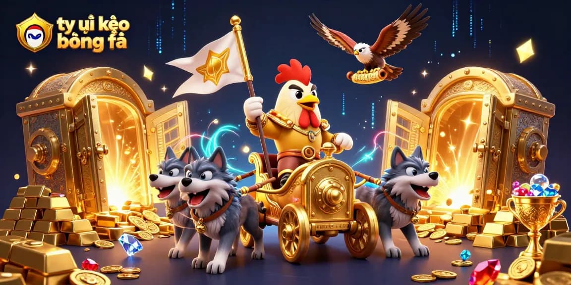 Explore tỷ lệ kèo bóng đá in a dynamic scene with a rooster warlord and treasure elements.