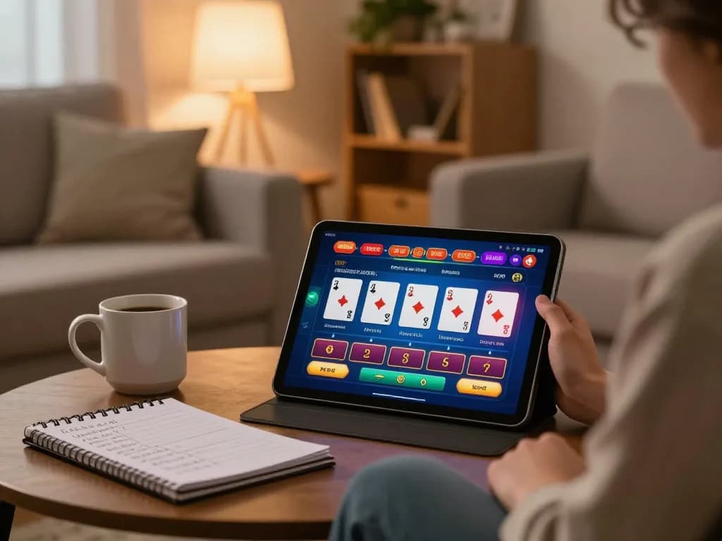 S'engager dans un casino en ligne retrait rapide tout en se relaxant à la maison avec une tablette, montrant un gameplay stratégique.