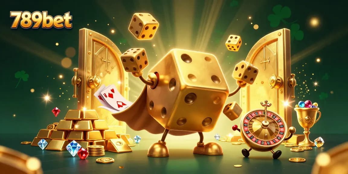 Experience the thrill of 789bet with vibrant golden dice and treasures in this illustrated casino scene.