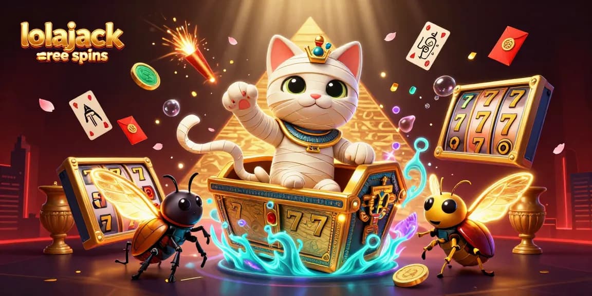 Experience lolajack casino free spins in an ultra-detailed 3D gaming illustration featuring vibrant characters and elements.
