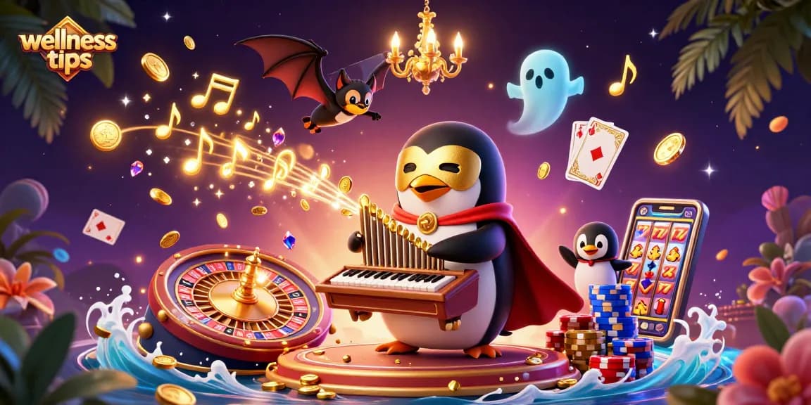 Engaging wellness tips illustrated with 3D casino elements featuring a penguin organist amidst golden coins and vibrant game symbols.