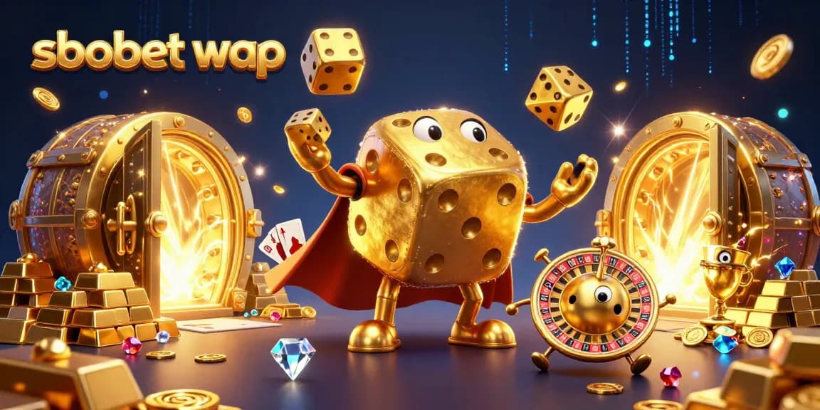 Place bets on sbobet wap with vibrant casino-themed 3D illustration featuring golden dice and treasures.