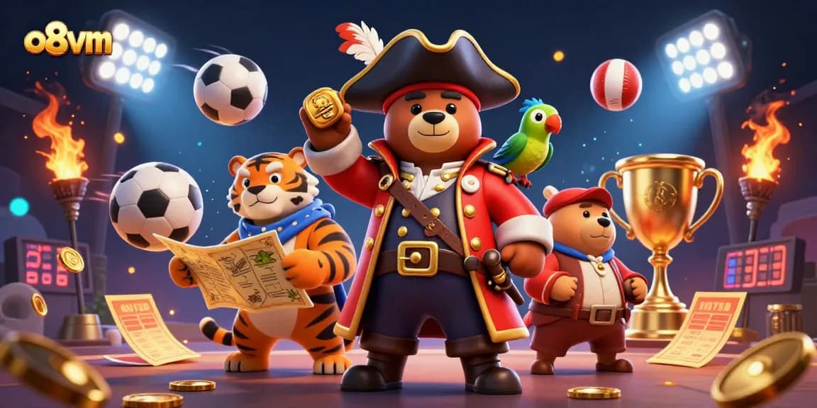 Engage in thrilling sports betting action with o8vm's dynamic 3D illustration featuring adventurous characters.