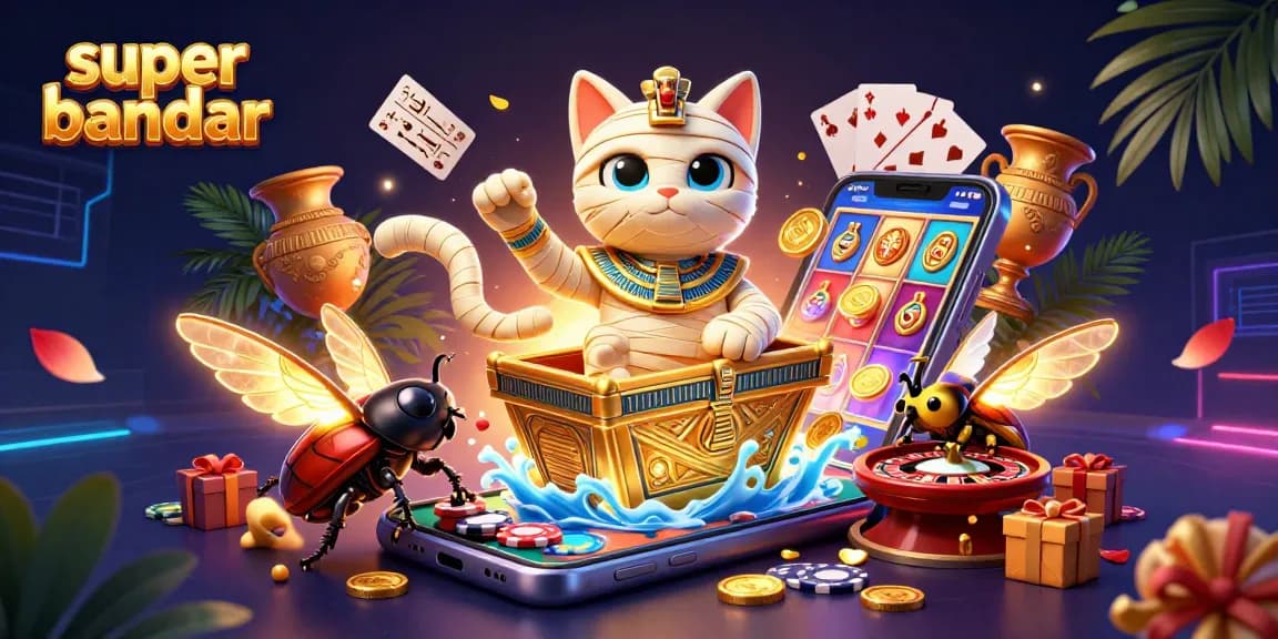 Mainkan super bandar dengan kucing mummy 3D di kasino piramida, dikelilingi koin emas dan kartu