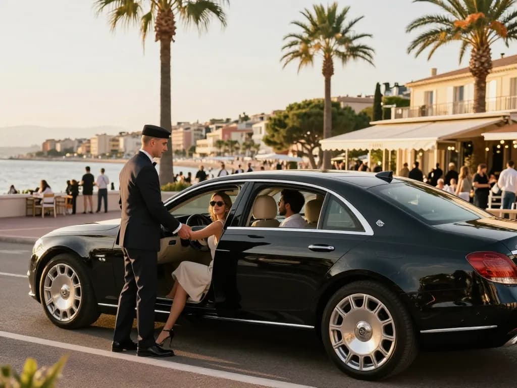 Service de luxe de Taxi Saint Tropez avec chauffeur aidant les clients à monter dans un véhicule haut de gamme dans un cadre côtier vibrant.