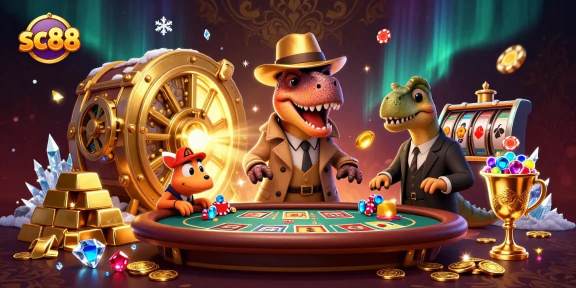 Experience thrilling casino action with sc88, featuring a velociraptor card counter, stegosaurus pit boss, and vibrant treasure elements.