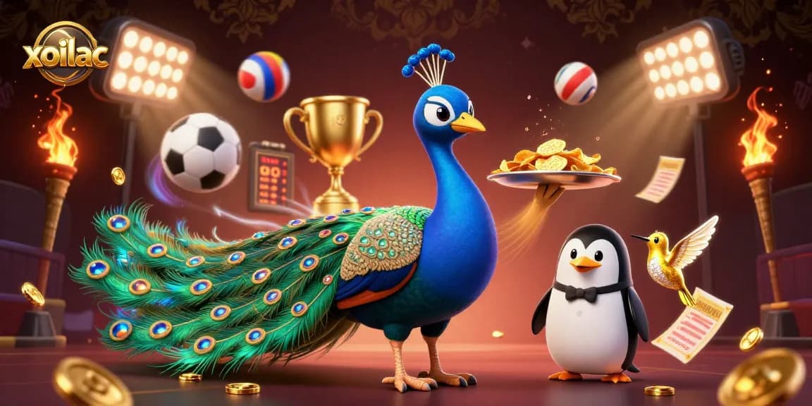 Experience dynamic sports betting action with xoilac featuring 3D characters among flying sports elements.