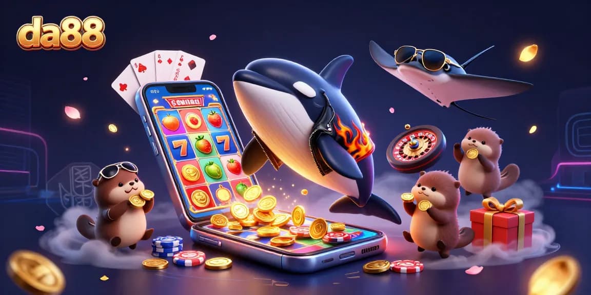 da88 thrills with a vibrant 3D scene featuring exciting slot games, golden coins, and playful casino characters.