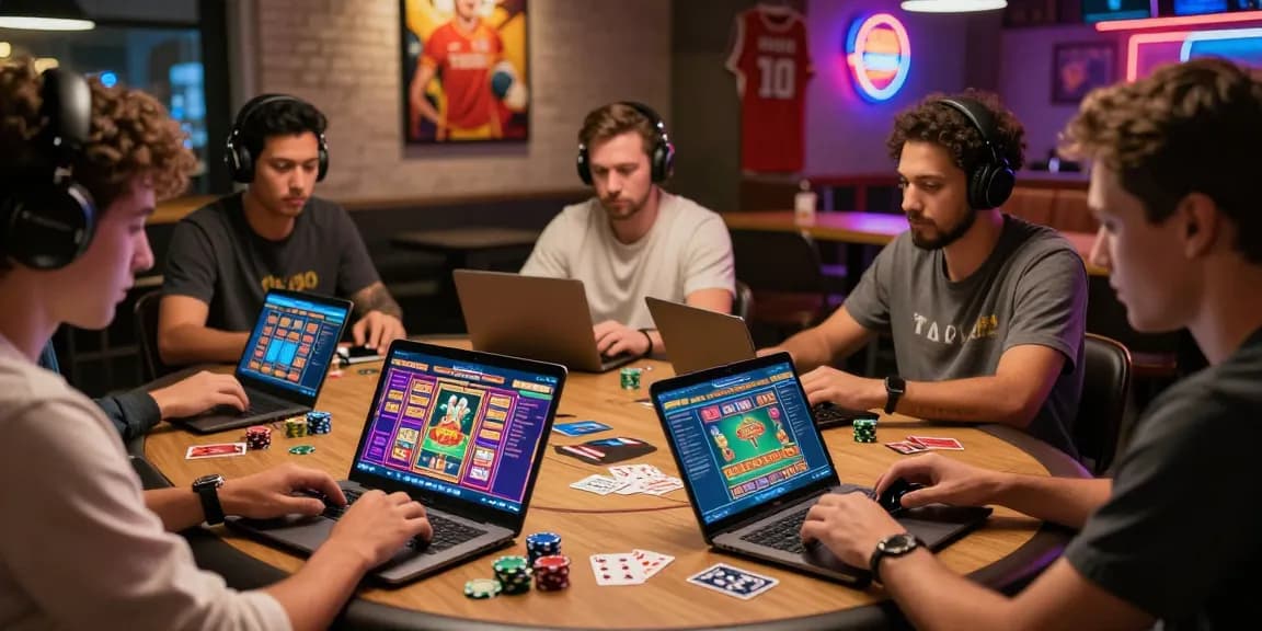 Exciting gaming scene with diverse players enjoying credit card casinos on laptops and smartphones in a lively urban loft environment.