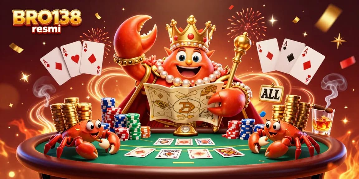 Watch the massive golden crab emperor at BRO138 resmi command the poker table full of vibrant chips and cards.