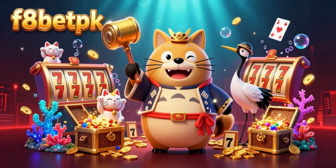 Engage with f8betpk's vibrant casino scene featuring a cheerful tanuki, lucky symbols, and dynamic gaming elements.