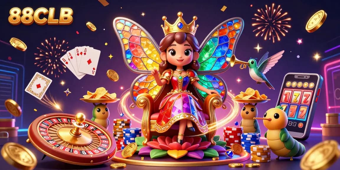 88CLB showcases a vibrant casino theme with a butterfly queen, chips, and dynamic game elements.